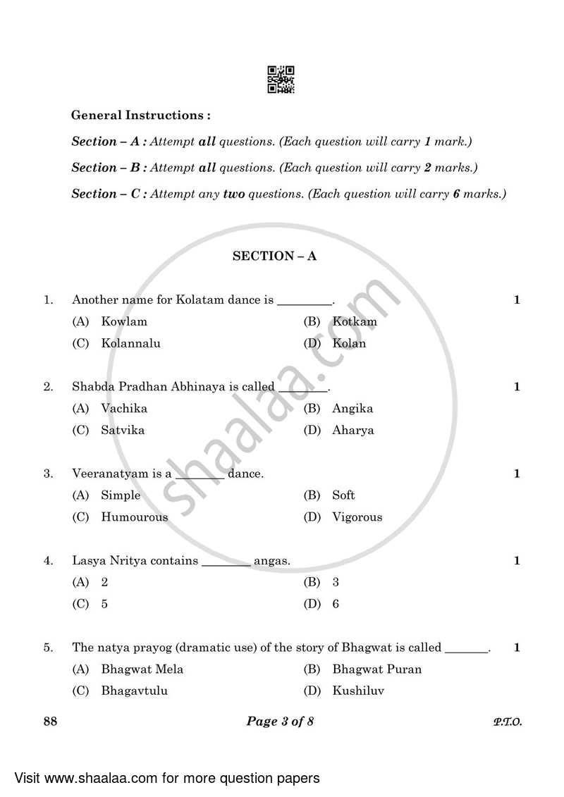 Dance Kuchipudi 2022-2023 - CBSE 12th - Class 12 - CBSE (Central Board of Secondary Education) question paper with PDF download
