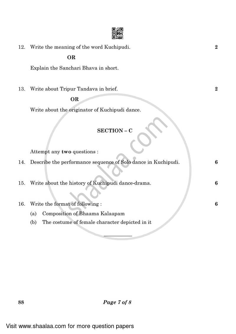 Dance Kuchipudi 2022-2023 - CBSE 12th - Class 12 - CBSE (Central Board of Secondary Education) question paper with PDF download