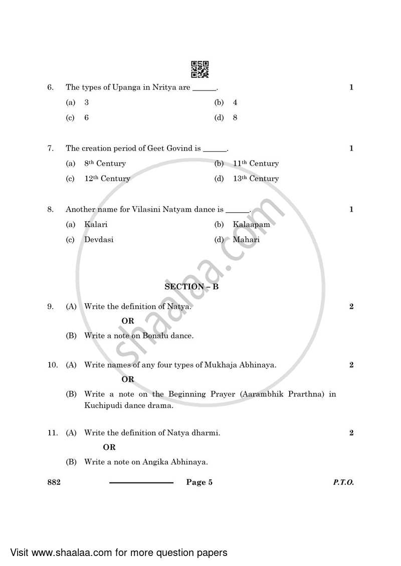 Dance Kuchipudi 2023-2024 - CBSE 12th - Class 12 - CBSE (Central Board of Secondary Education) question paper with PDF download