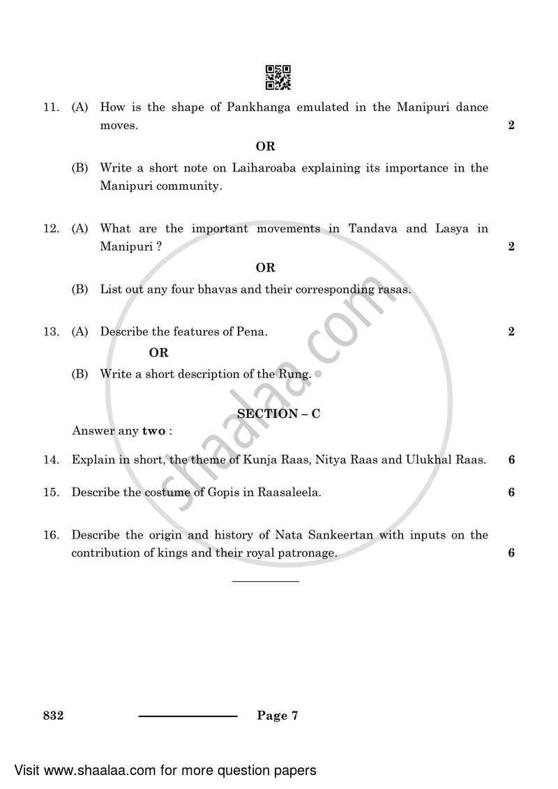 Dance Manipuri 2023-2024 - CBSE 12th - Class 12 - CBSE (Central Board of Secondary Education) question paper with PDF download