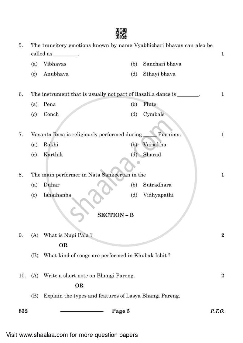 Dance Manipuri 2023-2024 - CBSE 12th - Class 12 - CBSE (Central Board of Secondary Education) question paper with PDF download