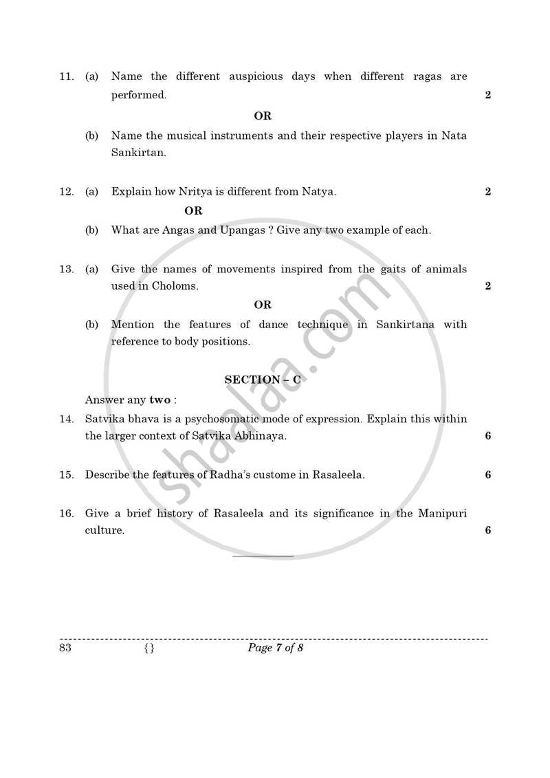 Dance Manipuri 2025-2026 - CBSE 12th - Class 12 - CBSE (Central Board of Secondary Education) question paper with PDF download