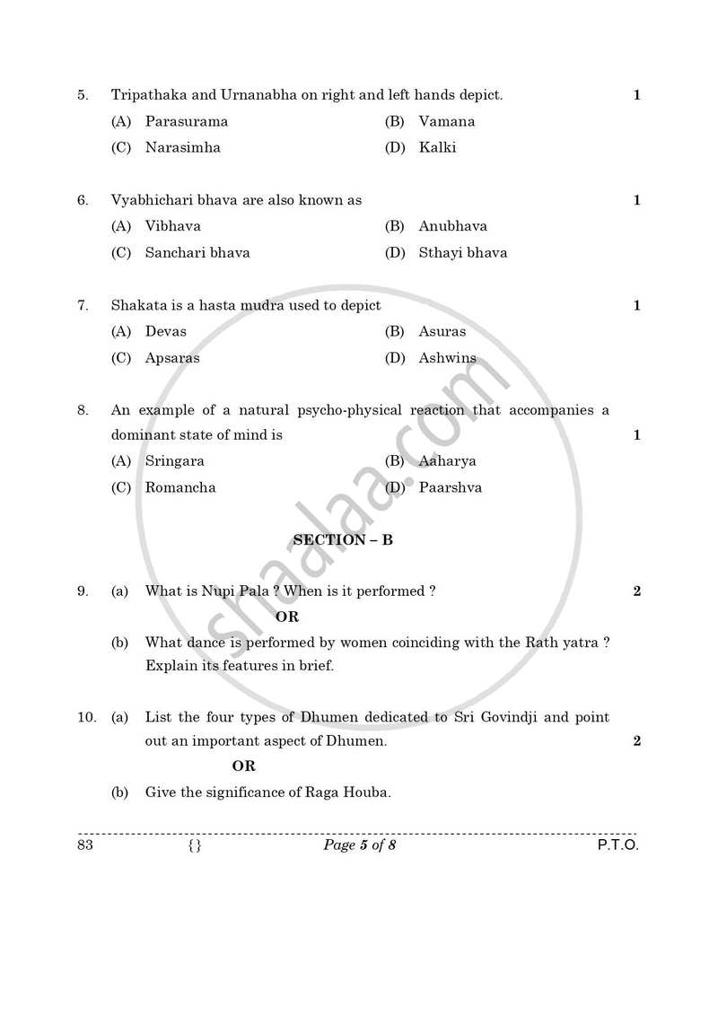 Dance Manipuri 2025-2026 - CBSE 12th - Class 12 - CBSE (Central Board of Secondary Education) question paper with PDF download