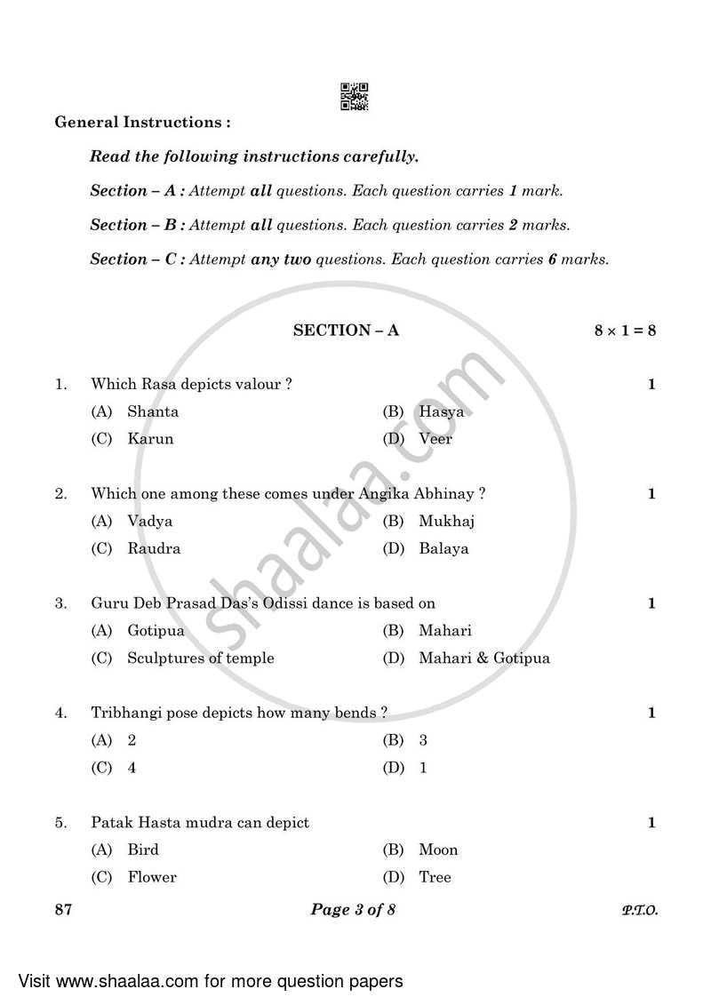 Dance Odissi 2022-2023 - CBSE 12th - Class 12 - CBSE (Central Board of Secondary Education) question paper with PDF download