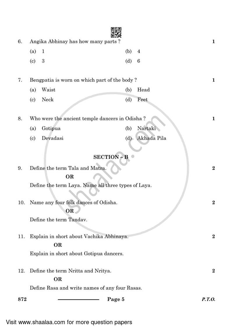 Dance Odissi 2023-2024 - CBSE 12th - Class 12 - CBSE (Central Board of Secondary Education) question paper with PDF download