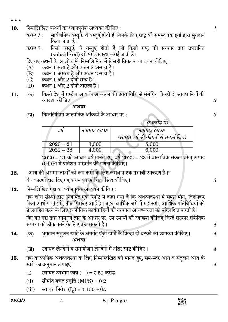 Economics (अर्थशास्त्र) 2024-2025 - CBSE 12th - Class 12 [कक्षा १२] - CBSE (Central Board of Secondary Education) question paper with PDF download