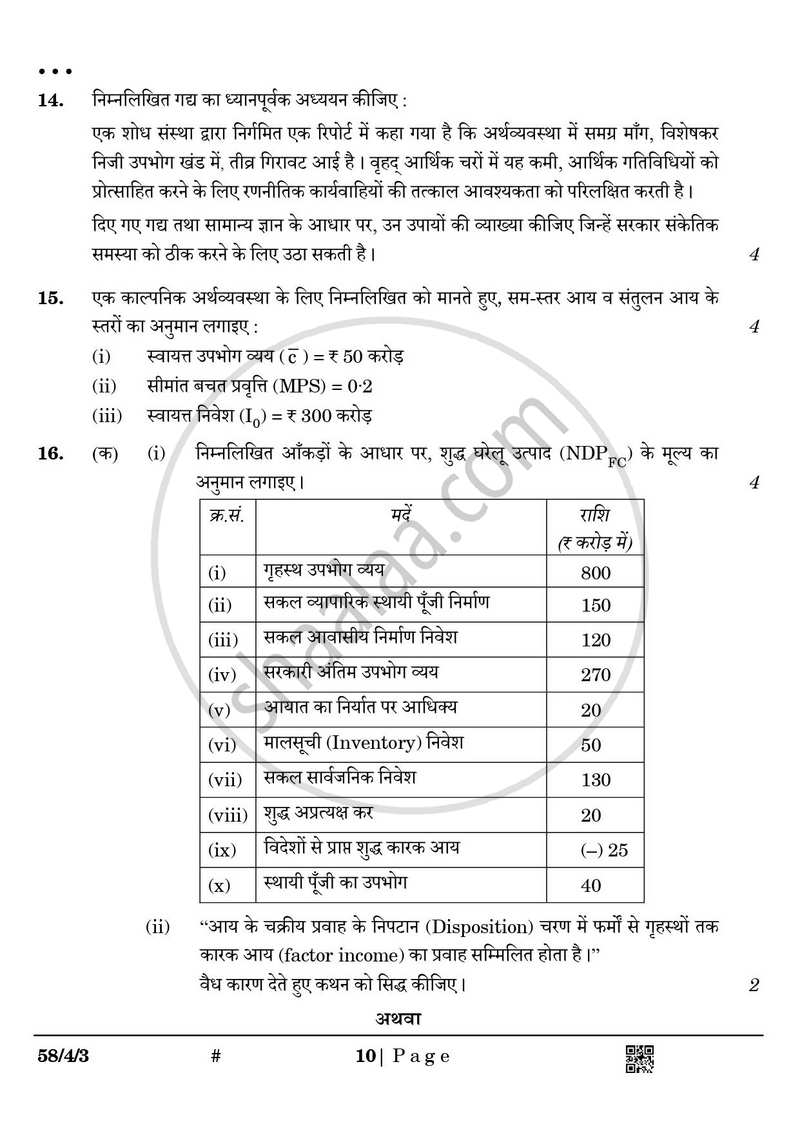 Economics (अर्थशास्त्र) 2024-2025 - CBSE 12th - Class 12 [कक्षा १२] - CBSE (Central Board of Secondary Education) question paper with PDF download