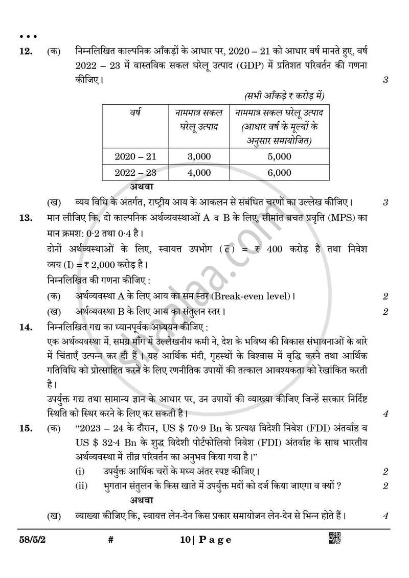 Economics (अर्थशास्त्र) 2024-2025 - CBSE 12th - Class 12 [कक्षा १२] - CBSE (Central Board of Secondary Education) question paper with PDF download