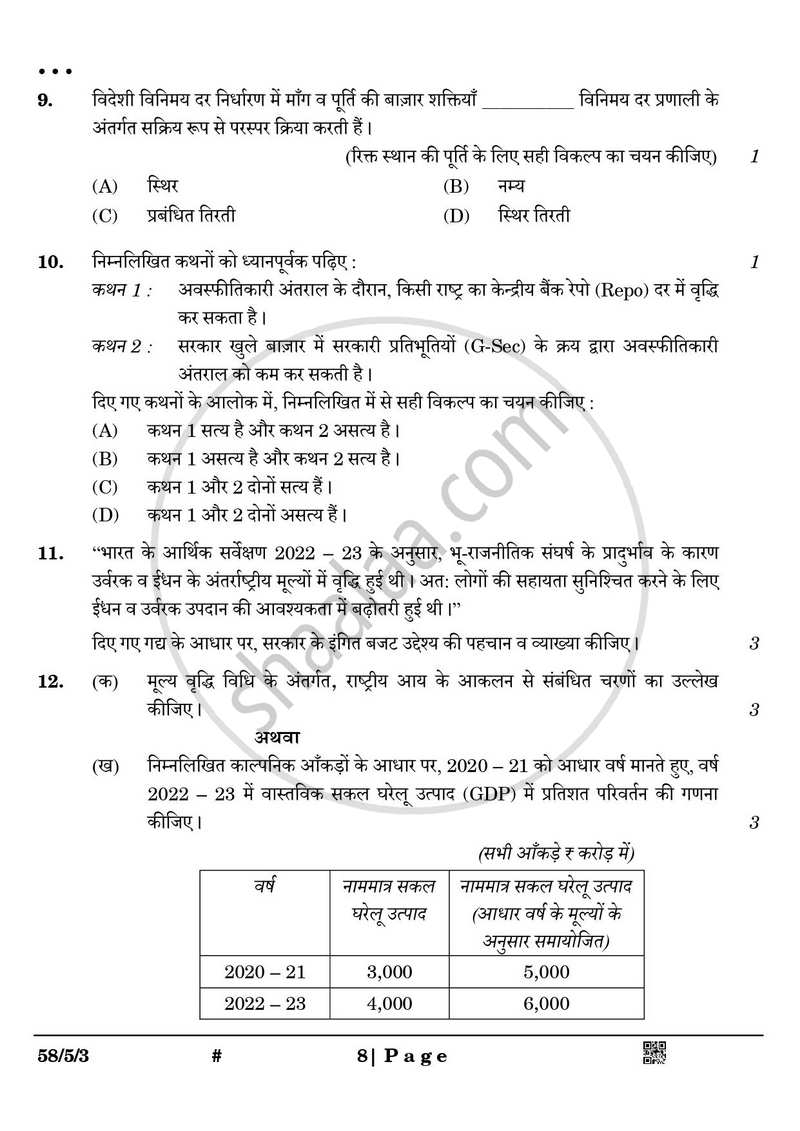 Economics (अर्थशास्त्र) 2024-2025 - CBSE 12th - Class 12 [कक्षा १२] - CBSE (Central Board of Secondary Education) question paper with PDF download