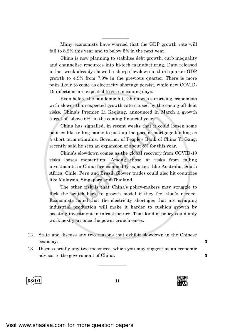 Economics 2021-2022 - CBSE 12th - Class 12 - CBSE (Central Board of Secondary Education) question paper with PDF download