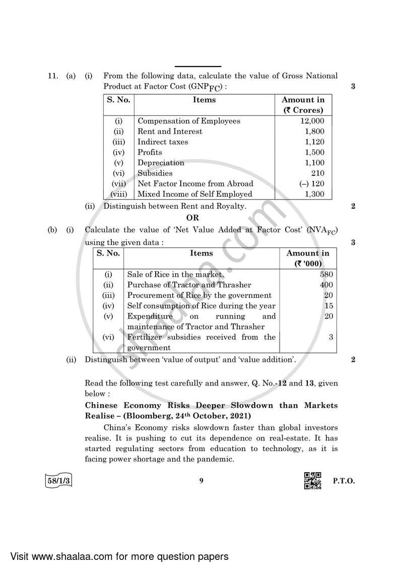 Economics 2021-2022 - CBSE 12th - Class 12 - CBSE (Central Board of Secondary Education) question paper with PDF download