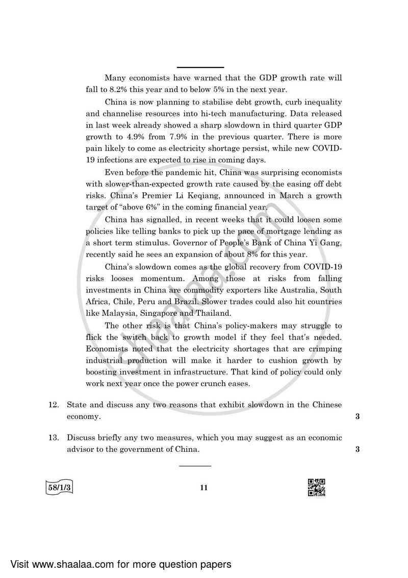 Economics 2021-2022 - CBSE 12th - Class 12 - CBSE (Central Board of Secondary Education) question paper with PDF download