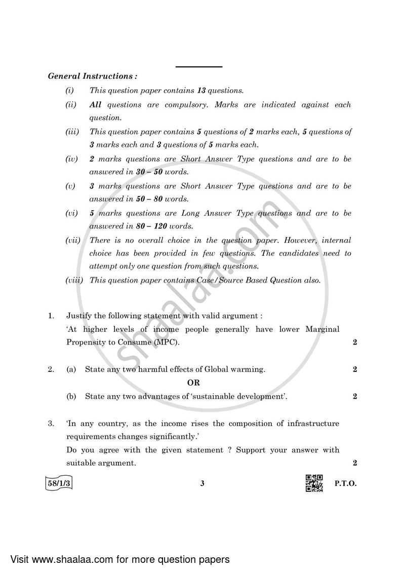 Economics 2021-2022 - CBSE 12th - Class 12 - CBSE (Central Board of Secondary Education) question paper with PDF download