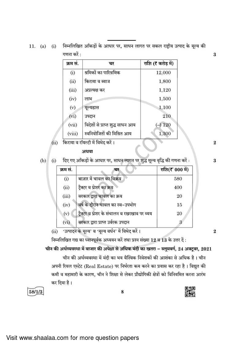 Economics 2021-2022 - CBSE 12th - Class 12 - CBSE (Central Board of Secondary Education) question paper with PDF download