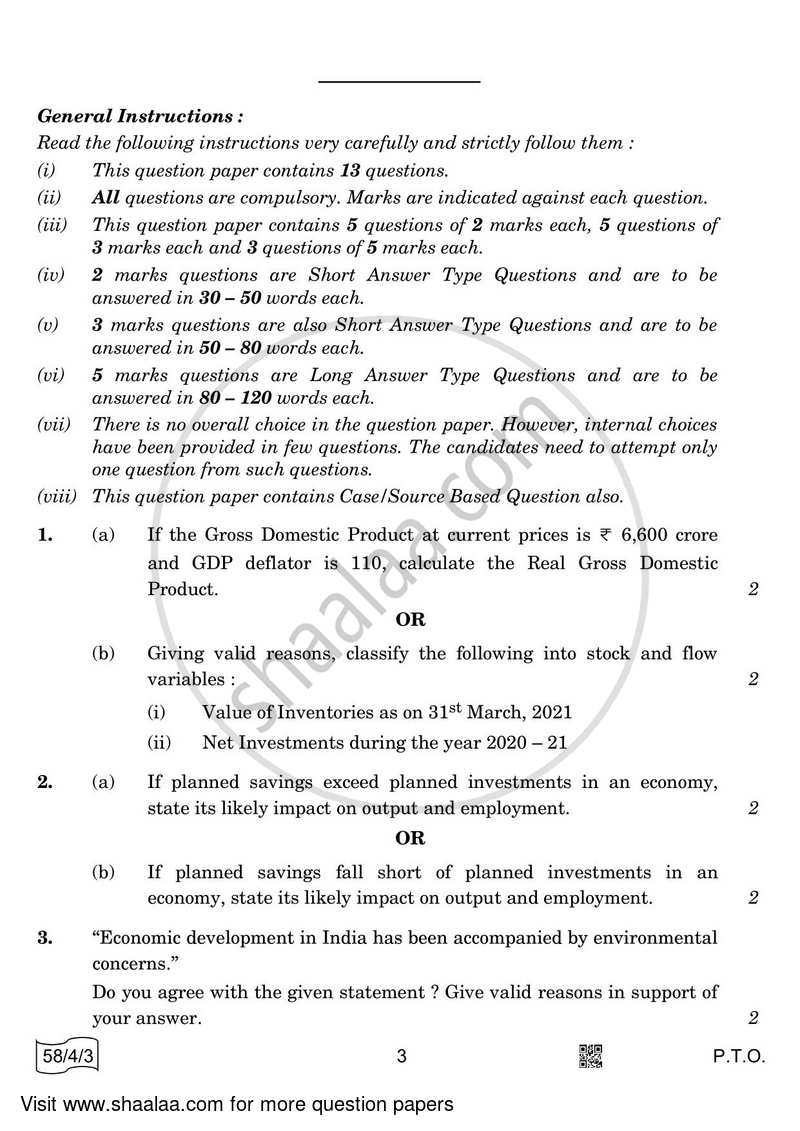 Economics 2021-2022 - CBSE 12th - Class 12 - CBSE (Central Board of Secondary Education) question paper with PDF download