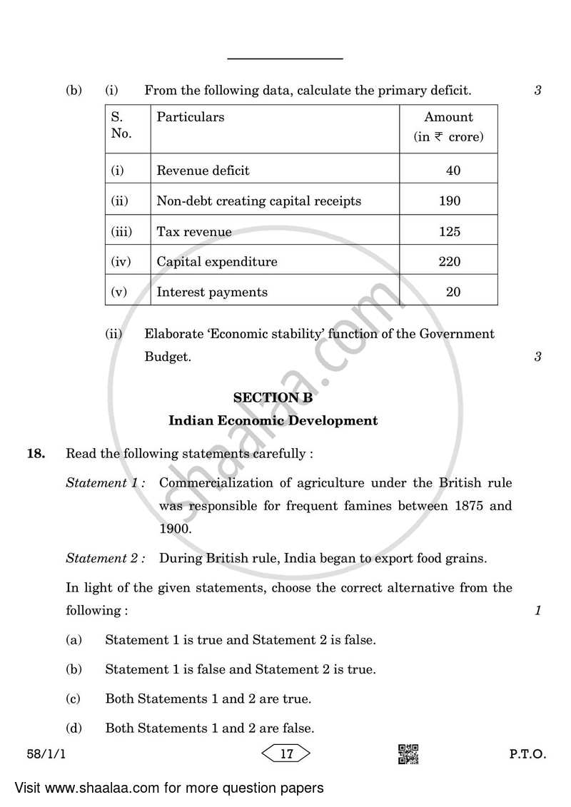 Economics 2022-2023 - CBSE 12th - Class 12 - CBSE (Central Board of Secondary Education) question paper with PDF download