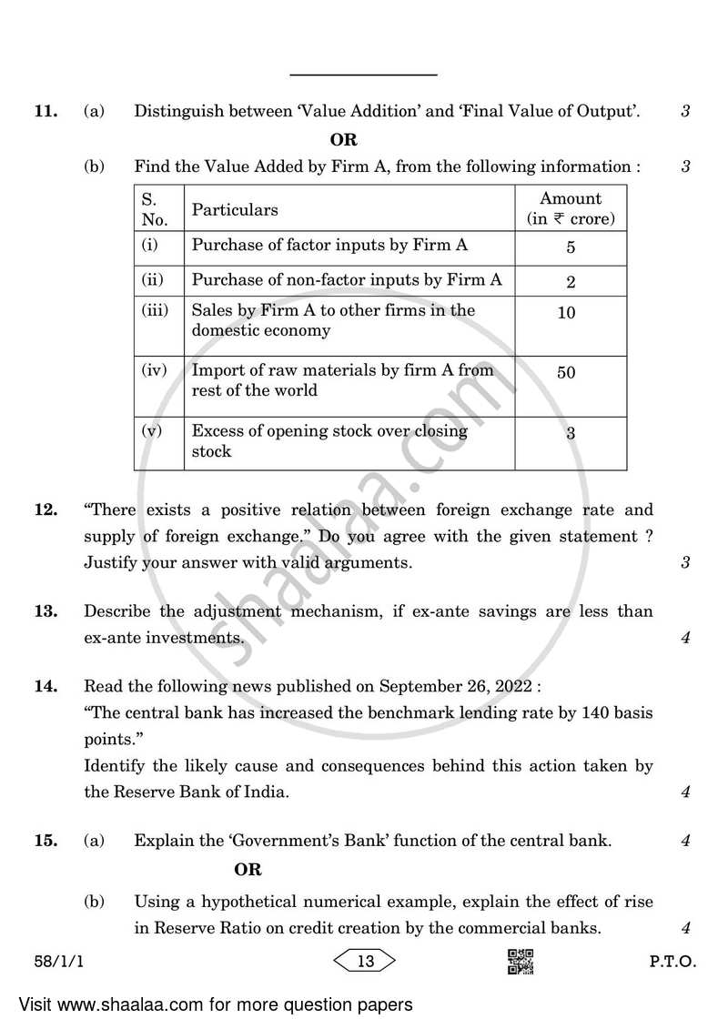 Economics 2022-2023 - CBSE 12th - Class 12 - CBSE (Central Board of Secondary Education) question paper with PDF download
