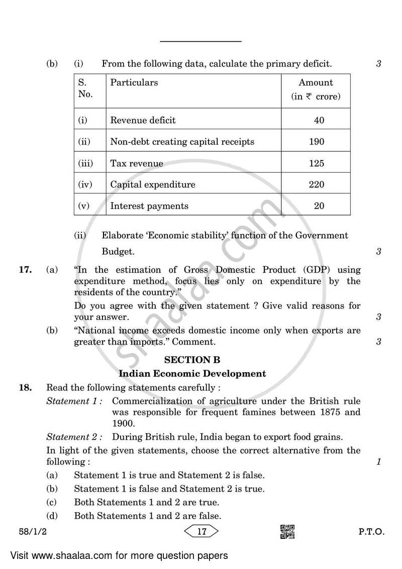 Economics 2022-2023 - CBSE 12th - Class 12 - CBSE (Central Board of Secondary Education) question paper with PDF download