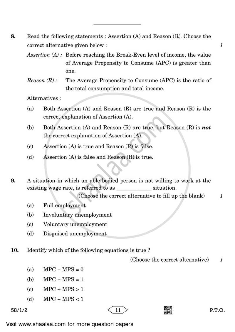 Economics 2022-2023 - CBSE 12th - Class 12 - CBSE (Central Board of Secondary Education) question paper with PDF download