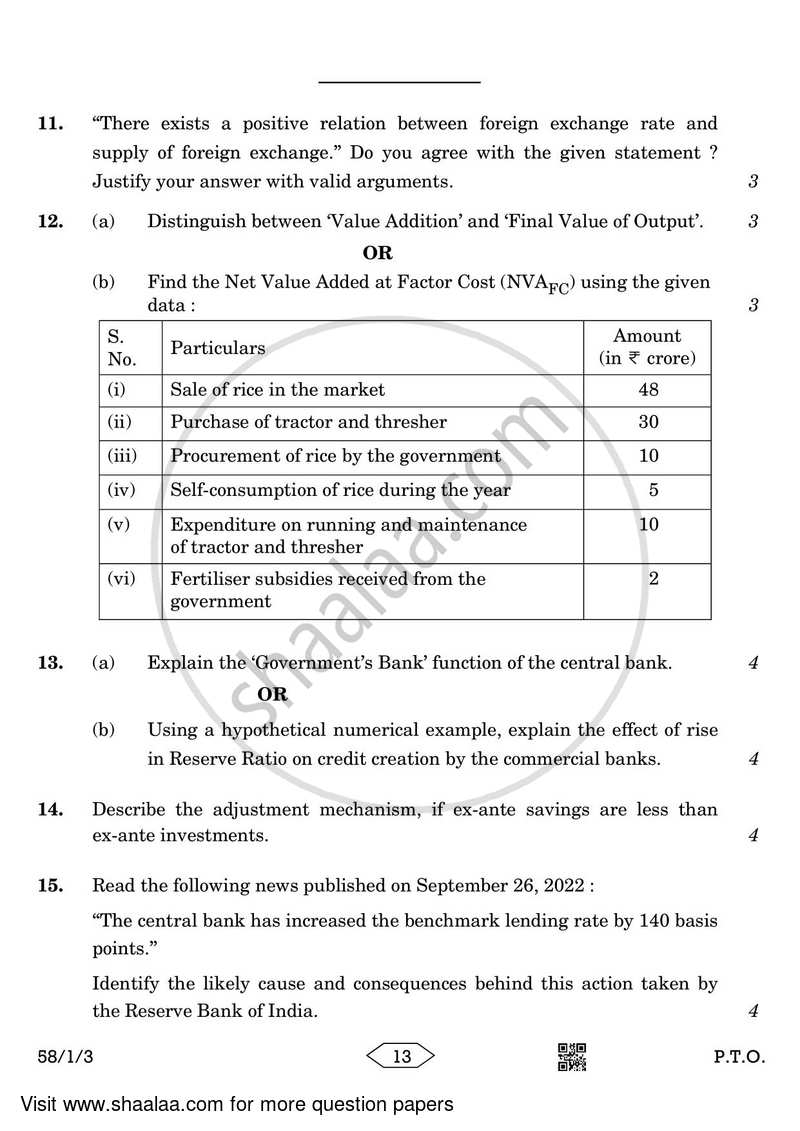 Economics 2022-2023 - CBSE 12th - Class 12 - CBSE (Central Board of Secondary Education) question paper with PDF download