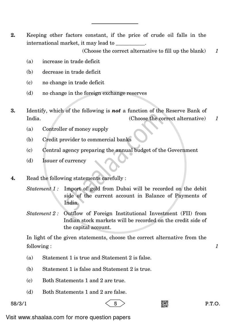Economics 2022-2023 - CBSE 12th - Class 12 - CBSE (Central Board of Secondary Education) question paper with PDF download
