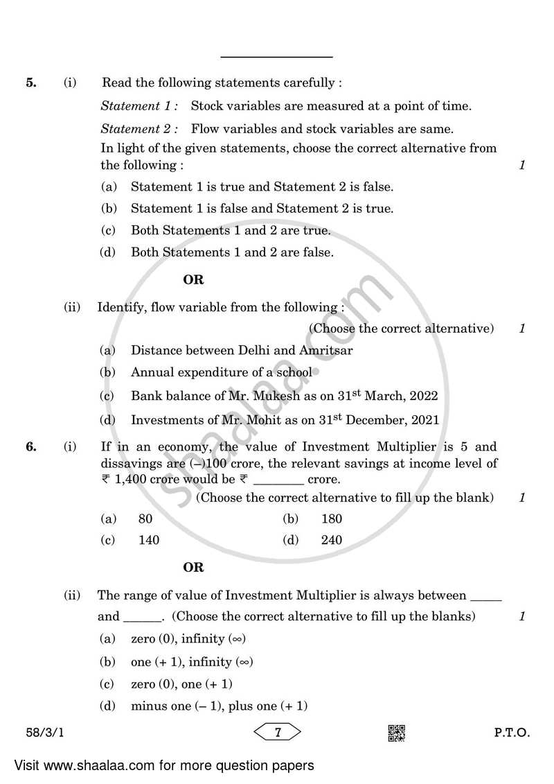 Economics 2022-2023 - CBSE 12th - Class 12 - CBSE (Central Board of Secondary Education) question paper with PDF download