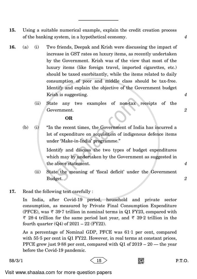Economics 2022-2023 - CBSE 12th - Class 12 - CBSE (Central Board of Secondary Education) question paper with PDF download