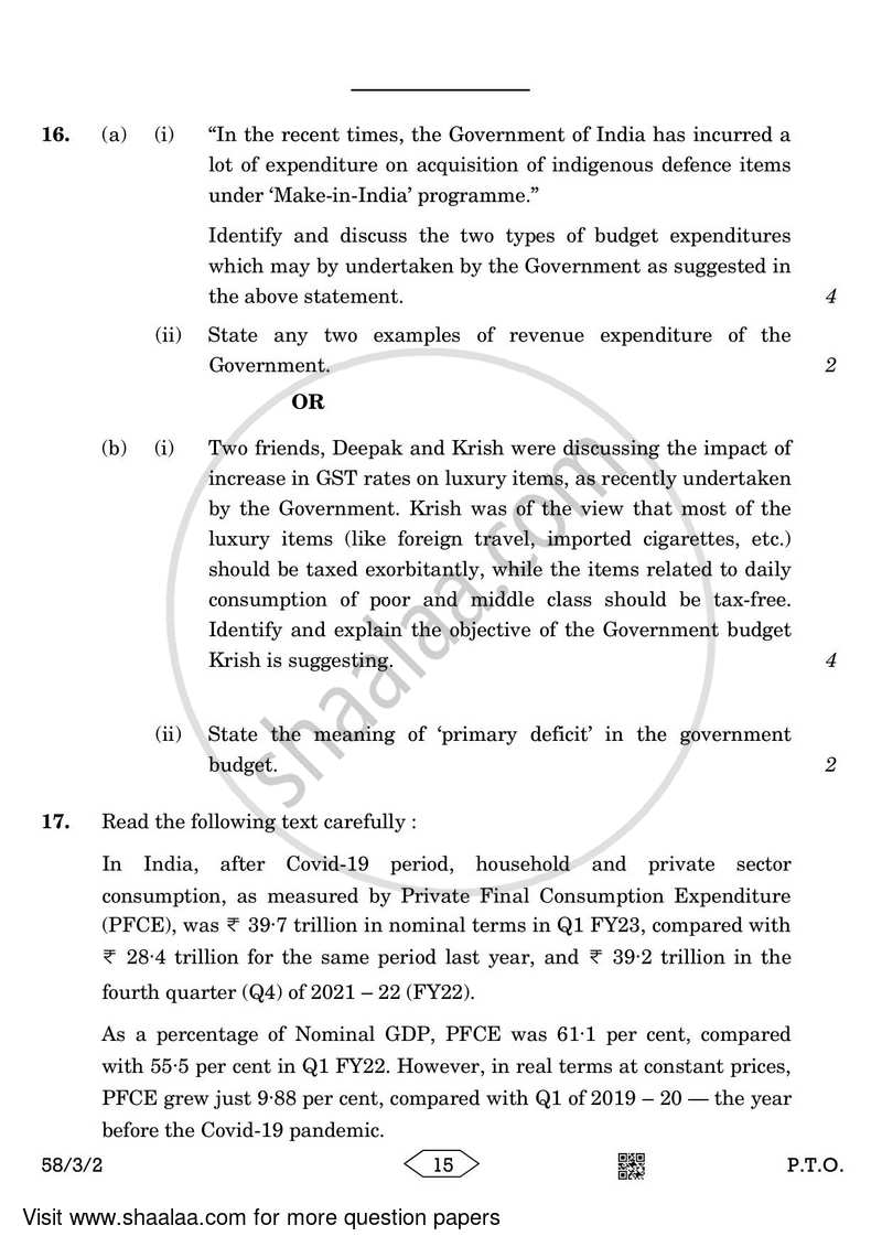 Economics 2022-2023 - CBSE 12th - Class 12 - CBSE (Central Board of Secondary Education) question paper with PDF download