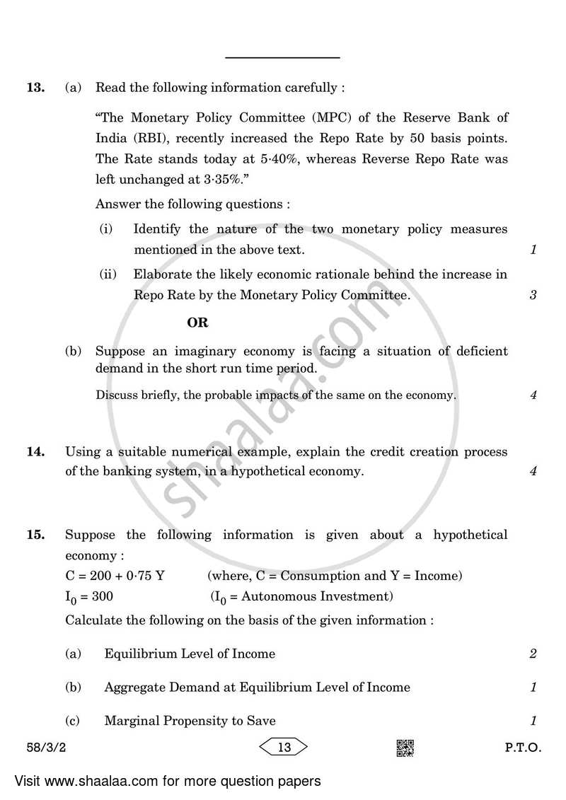Economics 2022-2023 - CBSE 12th - Class 12 - CBSE (Central Board of Secondary Education) question paper with PDF download