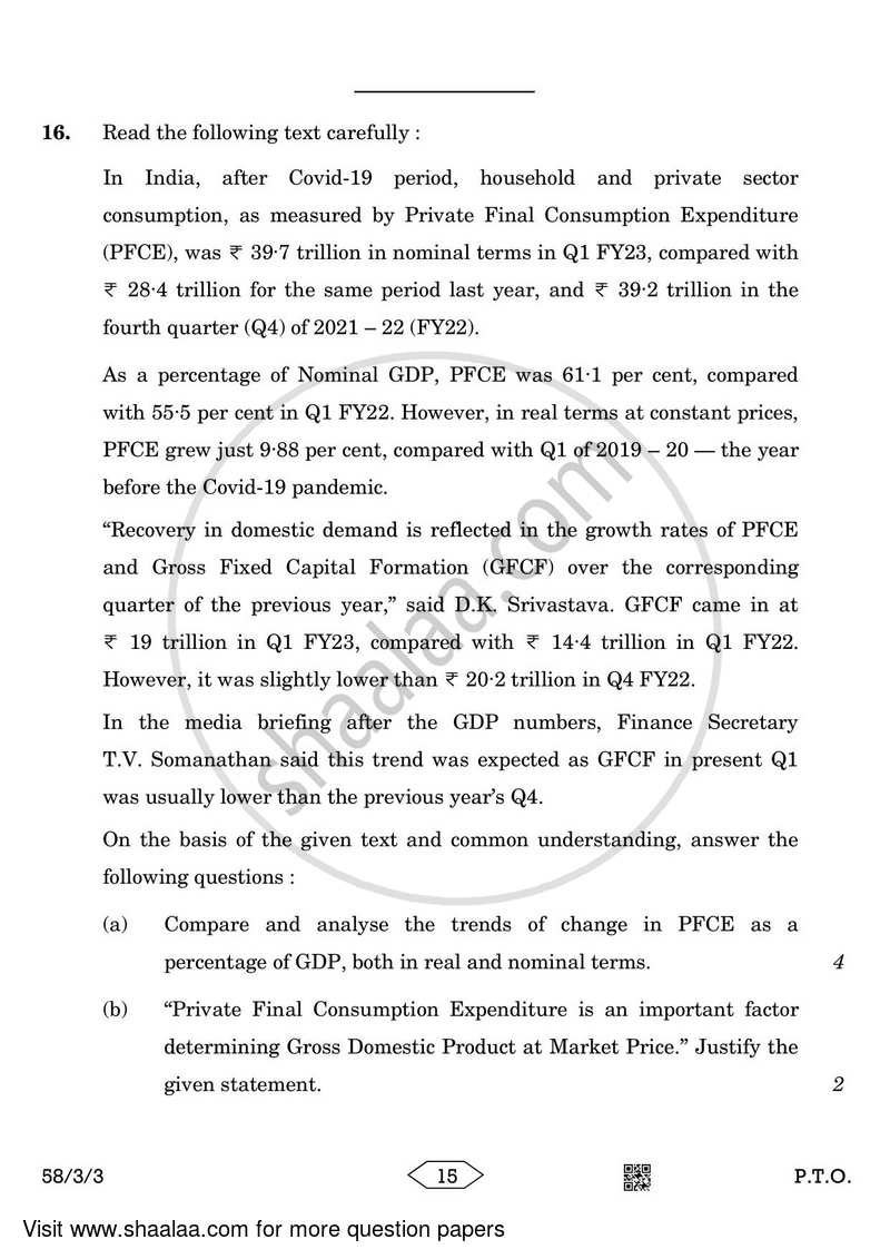 Economics 2022-2023 - CBSE 12th - Class 12 - CBSE (Central Board of Secondary Education) question paper with PDF download