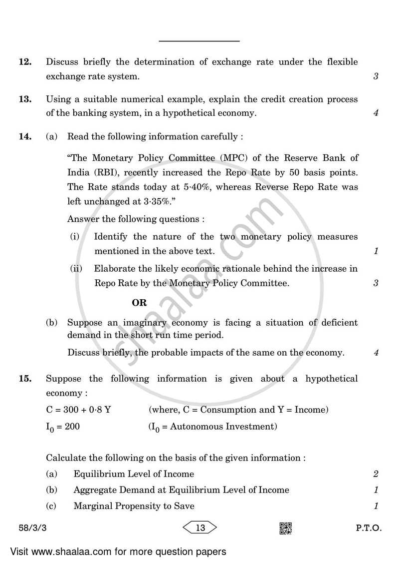 Economics 2022-2023 - CBSE 12th - Class 12 - CBSE (Central Board of Secondary Education) question paper with PDF download