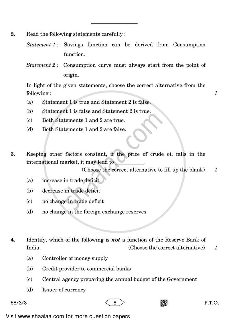 Economics 2022-2023 - CBSE 12th - Class 12 - CBSE (Central Board of Secondary Education) question paper with PDF download