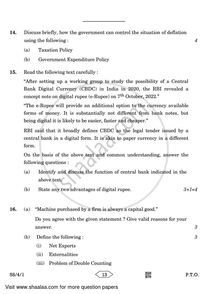 Economics 2022-2023 - CBSE 12th - Class 12 - CBSE (Central Board of Secondary Education) question paper with PDF download