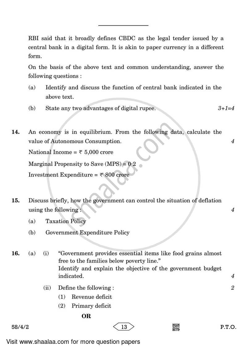 Economics 2022-2023 - CBSE 12th - Class 12 - CBSE (Central Board of Secondary Education) question paper with PDF download