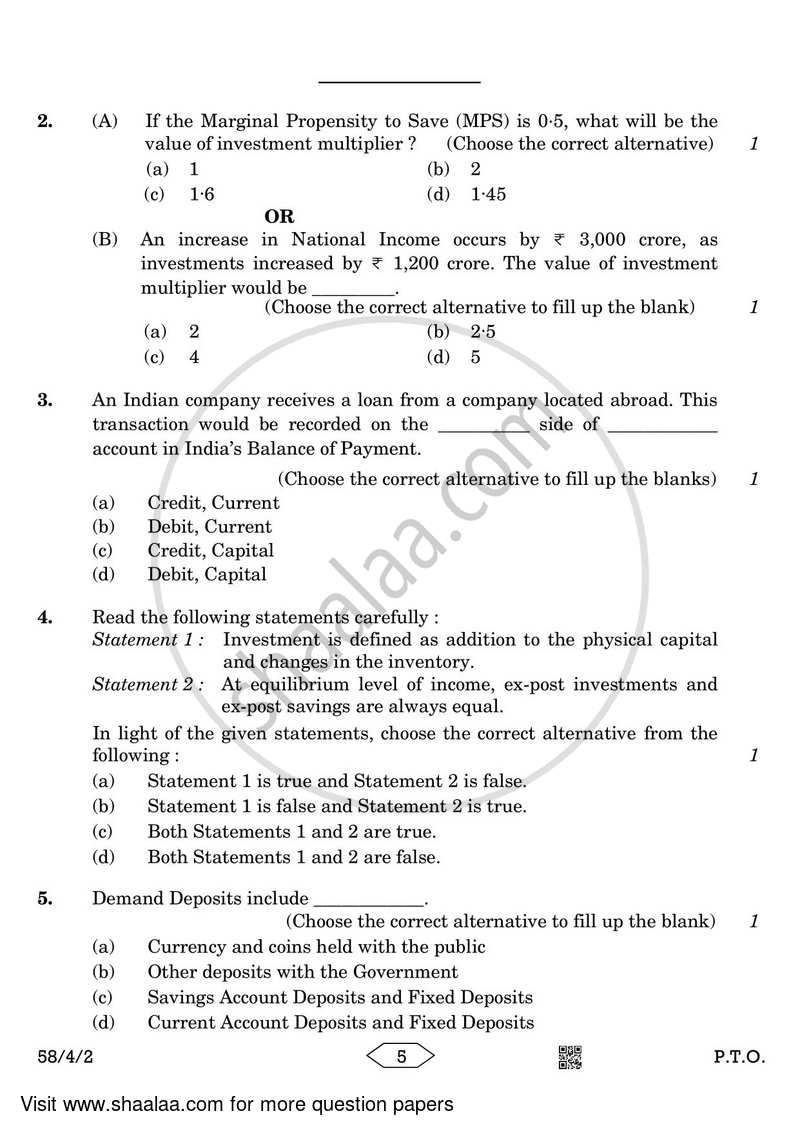 Economics 2022-2023 - CBSE 12th - Class 12 - CBSE (Central Board of Secondary Education) question paper with PDF download