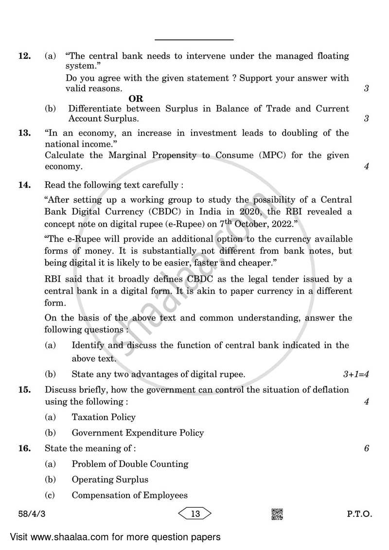 Economics 2022-2023 - CBSE 12th - Class 12 - CBSE (Central Board of Secondary Education) question paper with PDF download