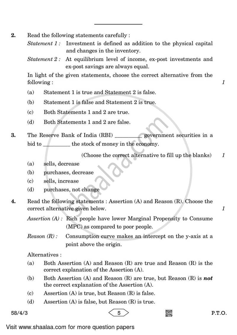 Economics 2022-2023 - CBSE 12th - Class 12 - CBSE (Central Board of Secondary Education) question paper with PDF download