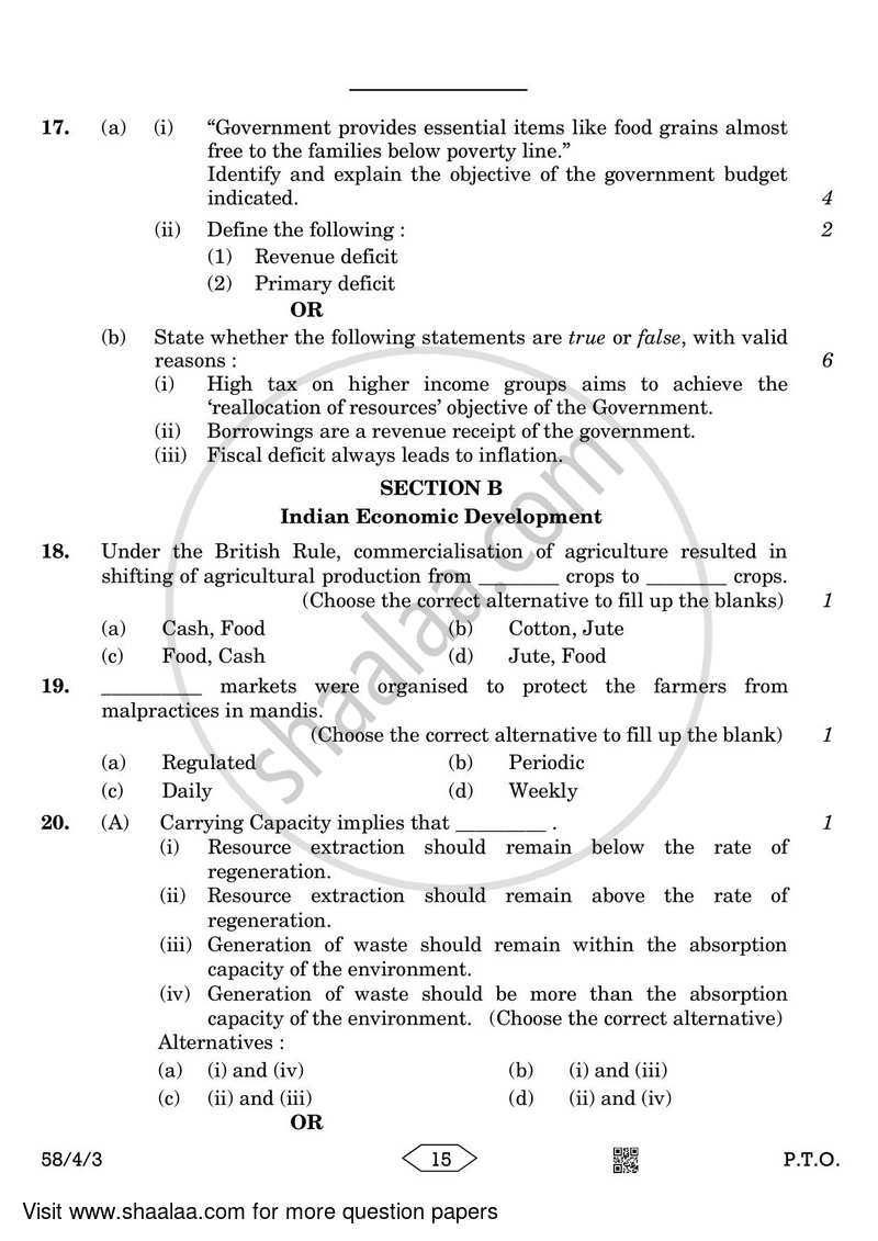 Economics 2022-2023 - CBSE 12th - Class 12 - CBSE (Central Board of Secondary Education) question paper with PDF download