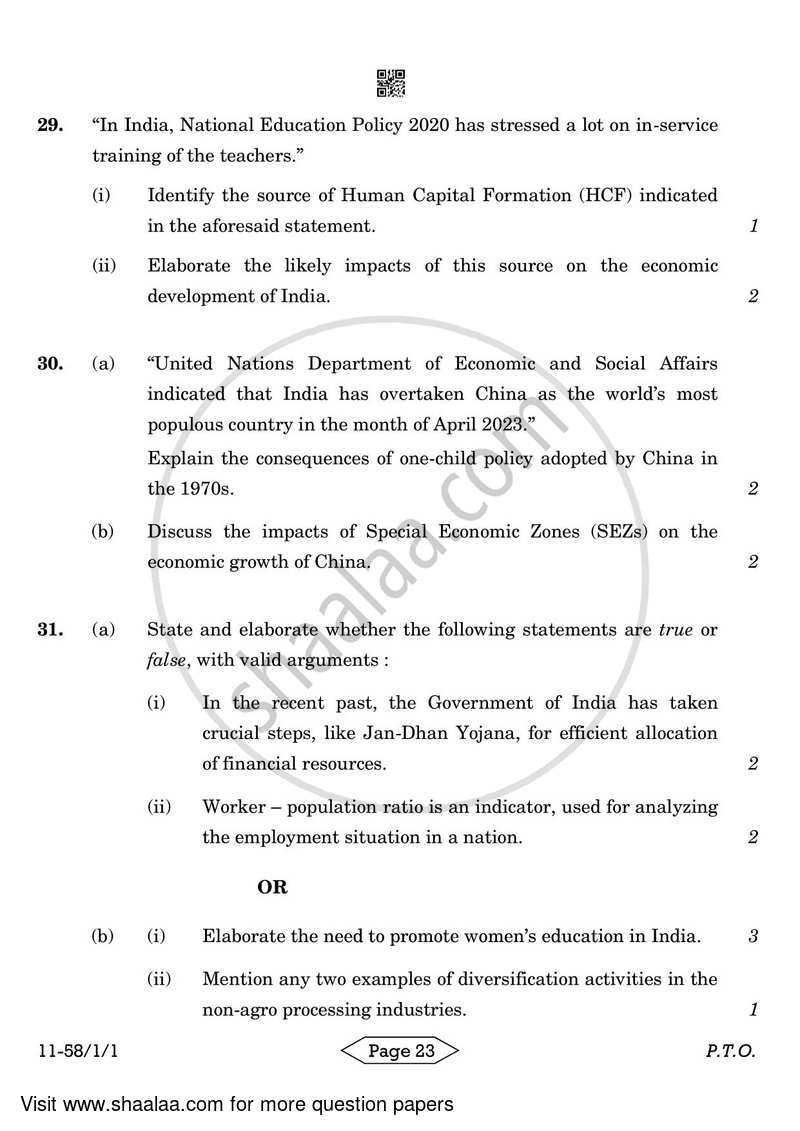 Economics 2023-2024 - CBSE 12th - Class 12 - CBSE (Central Board of Secondary Education) question paper with PDF download