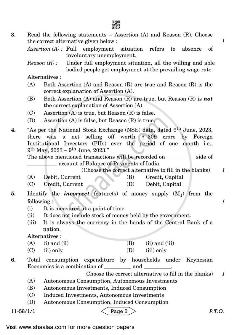 Economics 2023-2024 - CBSE 12th - Class 12 - CBSE (Central Board of Secondary Education) question paper with PDF download