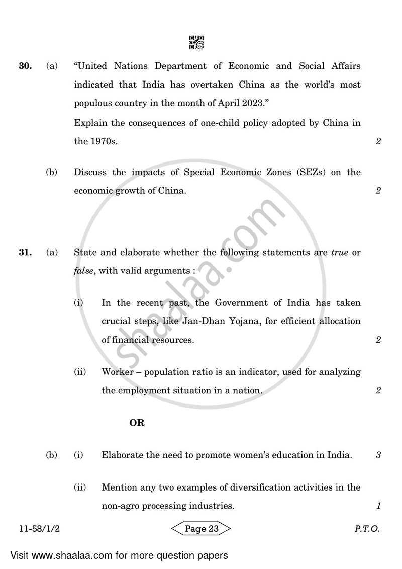 Economics 2023-2024 - CBSE 12th - Class 12 - CBSE (Central Board of Secondary Education) question paper with PDF download