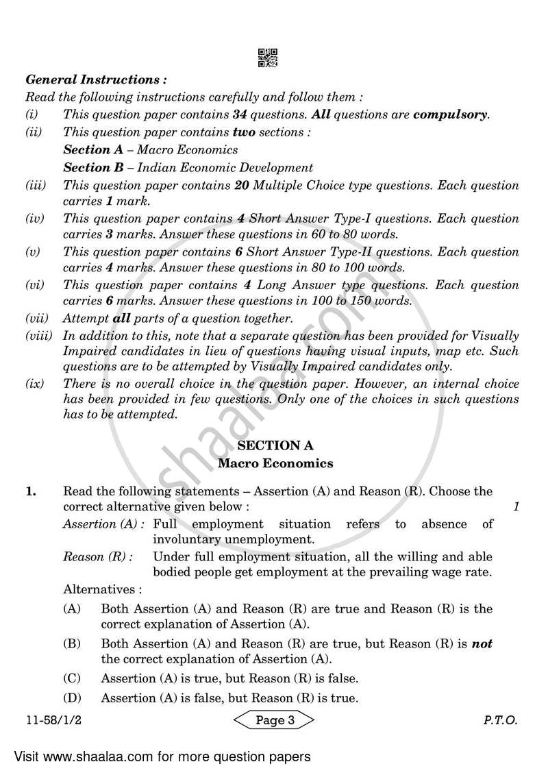 Economics 2023-2024 - CBSE 12th - Class 12 - CBSE (Central Board of Secondary Education) question paper with PDF download