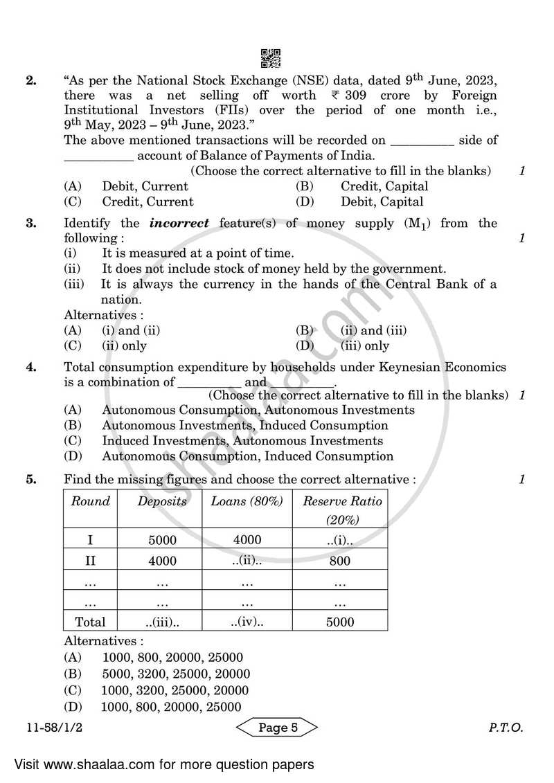 Economics 2023-2024 - CBSE 12th - Class 12 - CBSE (Central Board of Secondary Education) question paper with PDF download