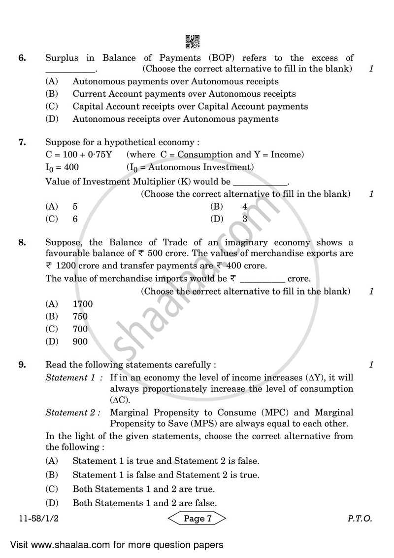 Economics 2023-2024 - CBSE 12th - Class 12 - CBSE (Central Board of Secondary Education) question paper with PDF download