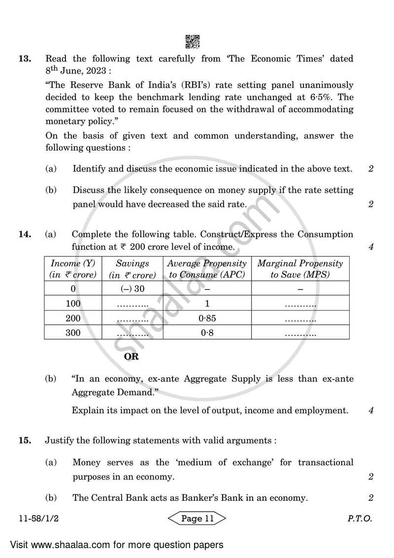 Economics 2023-2024 - CBSE 12th - Class 12 - CBSE (Central Board of Secondary Education) question paper with PDF download