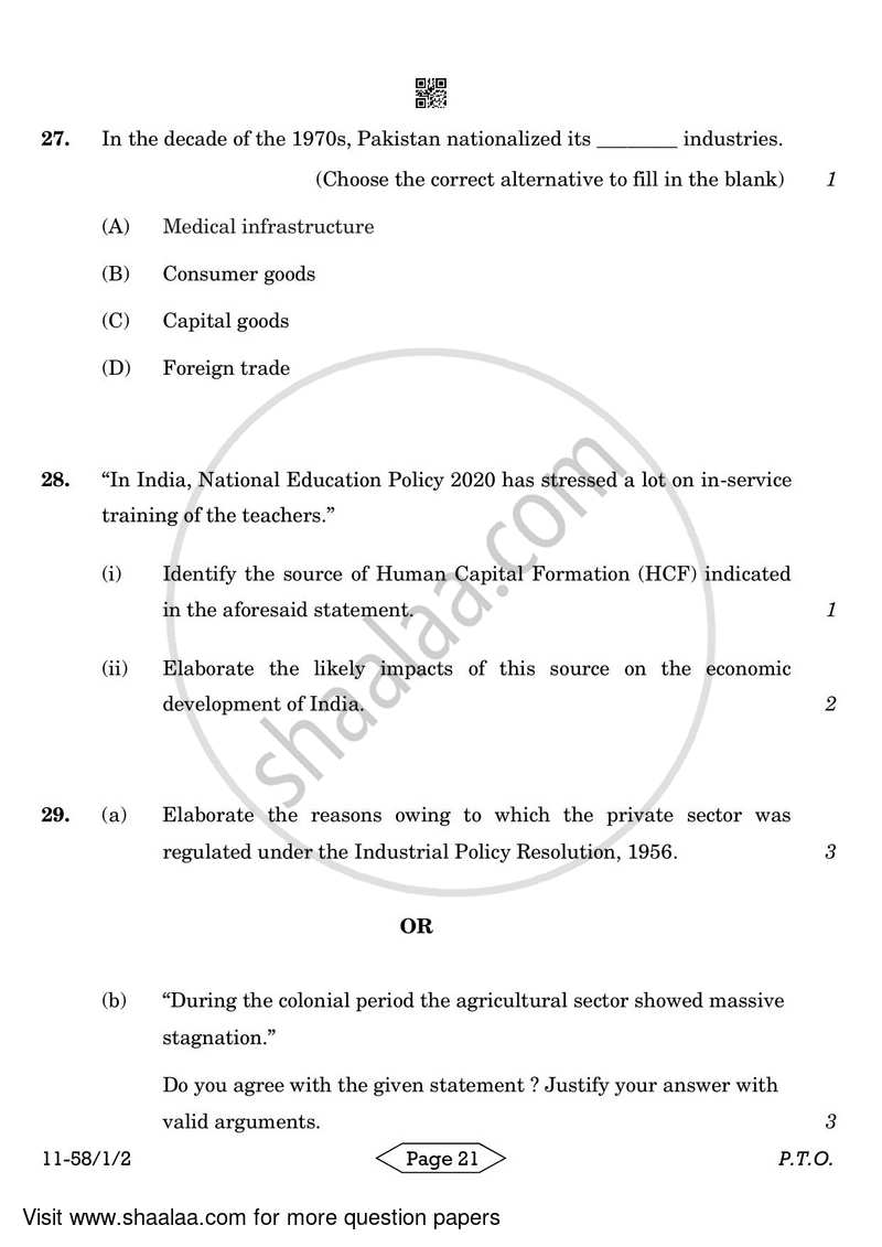 Economics 2023-2024 - CBSE 12th - Class 12 - CBSE (Central Board of Secondary Education) question paper with PDF download