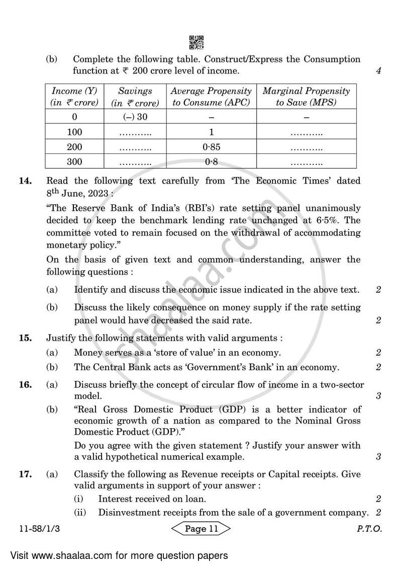 Economics 2023-2024 - CBSE 12th - Class 12 - CBSE (Central Board of Secondary Education) question paper with PDF download