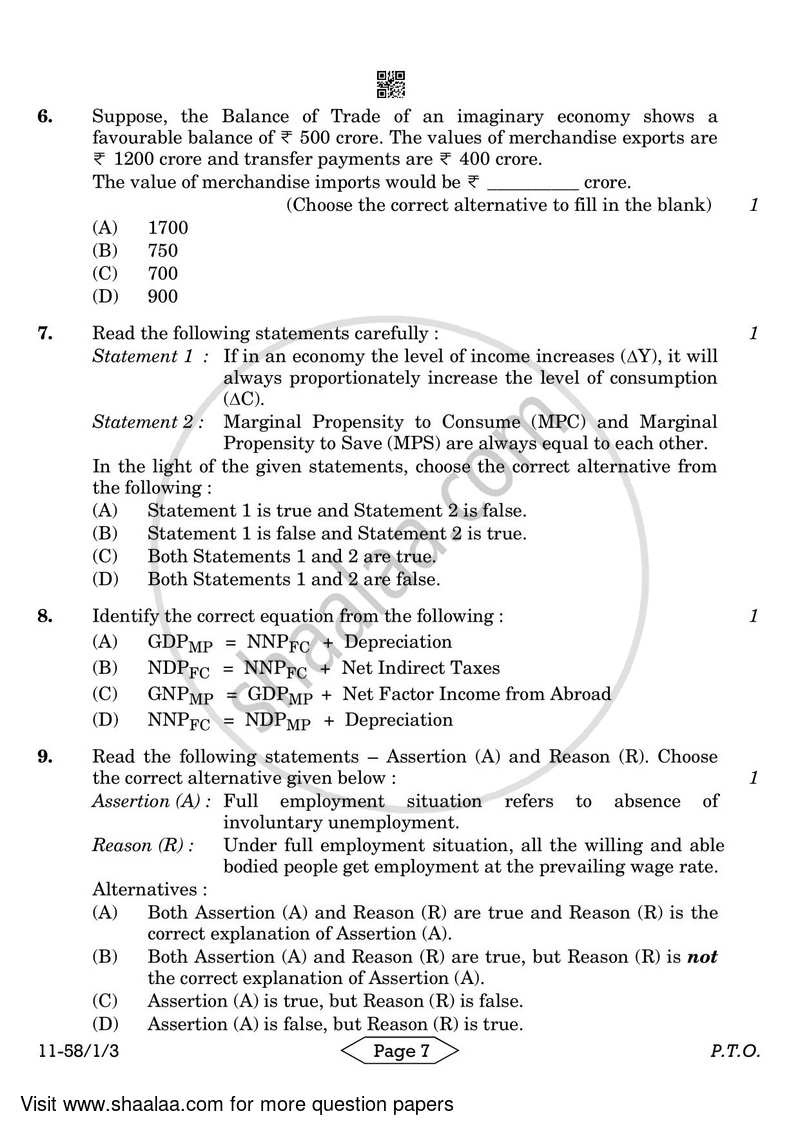 Economics 2023-2024 - CBSE 12th - Class 12 - CBSE (Central Board of Secondary Education) question paper with PDF download