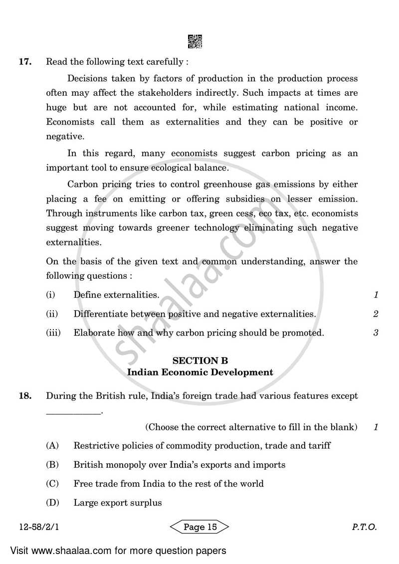 Economics 2023-2024 - CBSE 12th - Class 12 - CBSE (Central Board of Secondary Education) question paper with PDF download