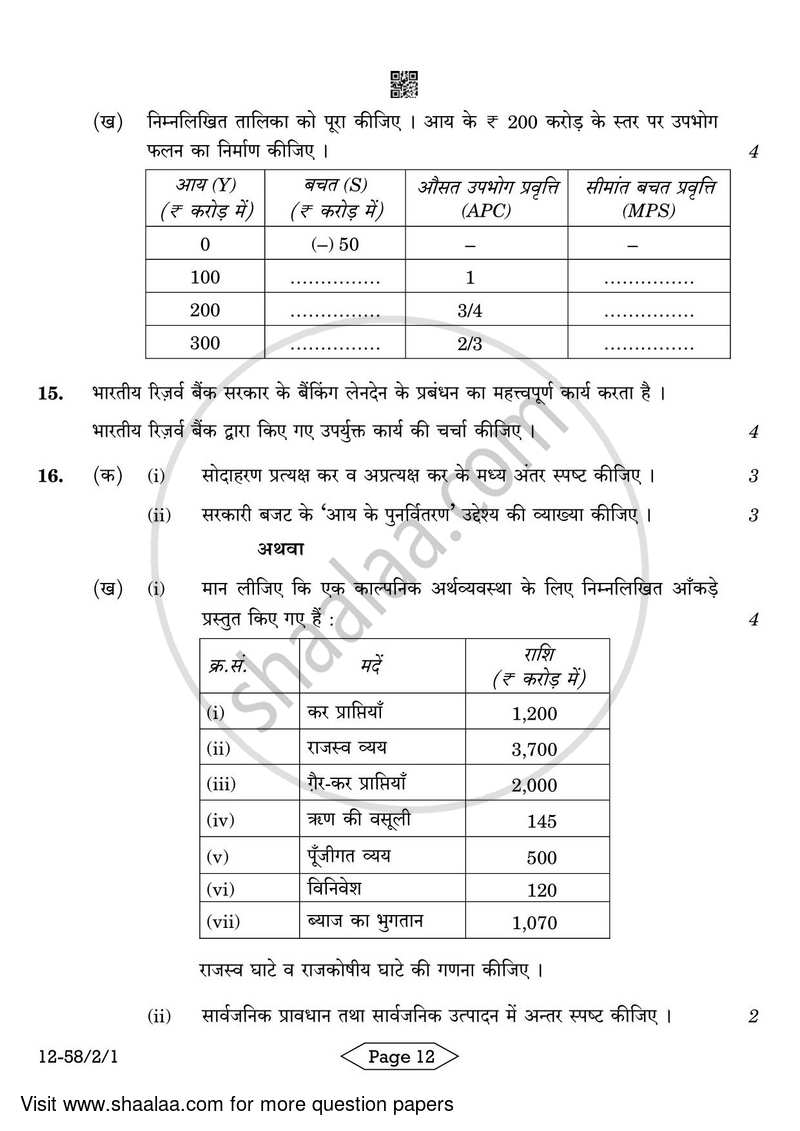 Economics 2023-2024 - CBSE 12th - Class 12 - CBSE (Central Board of Secondary Education) question paper with PDF download